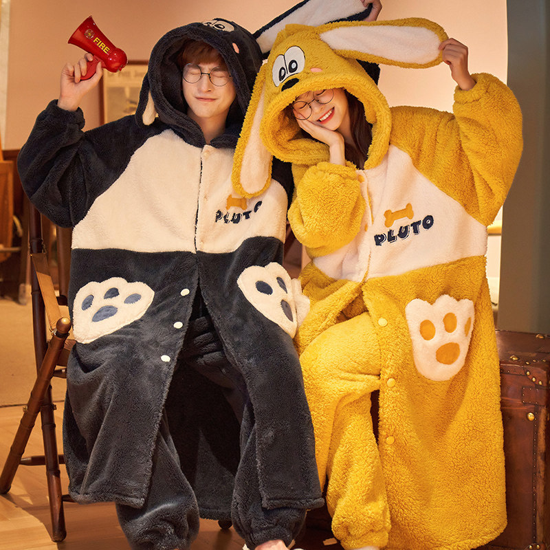 情侣秋冬季珊瑚绒可爱加绒冬天睡袍 芸茹媗睡衣/家居服套装