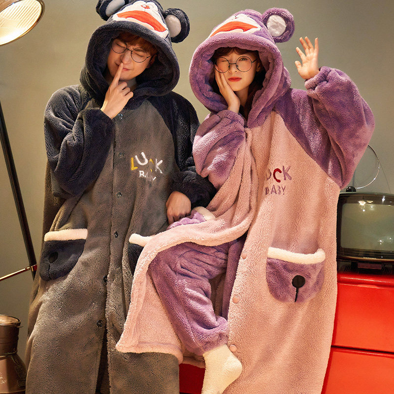 情侣秋冬季珊瑚绒可爱加绒冬天睡袍 芸茹媗睡衣/家居服套装