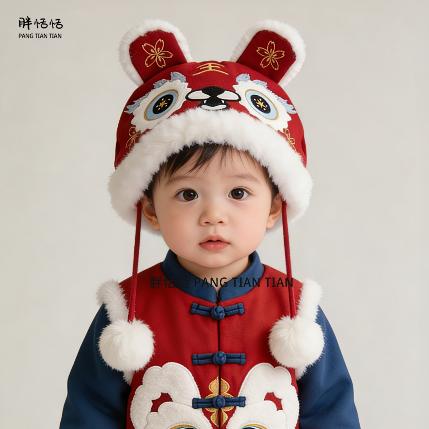 婴儿新年帽子冬季护耳加绒国潮虎头帽男女宝宝红色保暖防风套头帽,淘宝优惠券,粉丝福利购,淘宝优惠卷