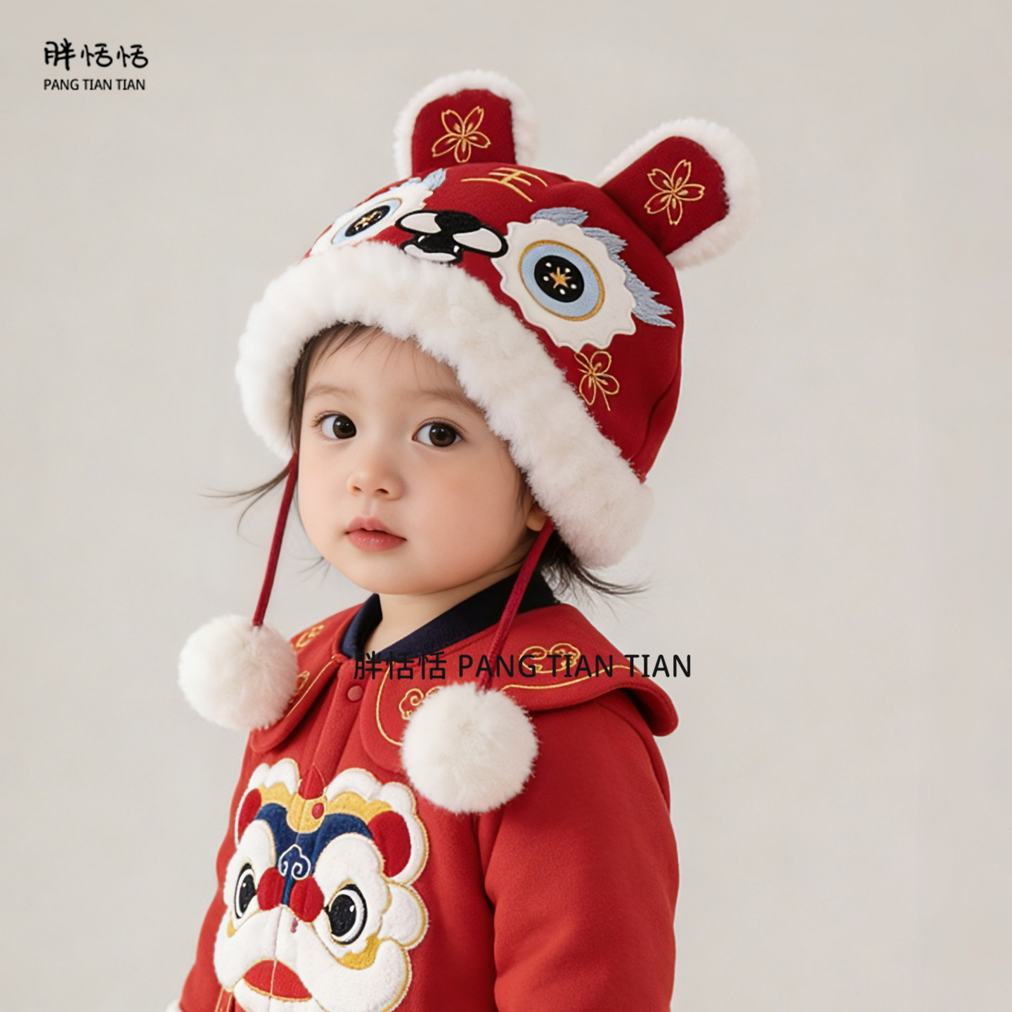 婴儿新年帽子冬季护耳加绒国潮虎头帽男女宝宝红色保暖防风套头帽,淘宝优惠券,粉丝福利购,淘宝优惠卷