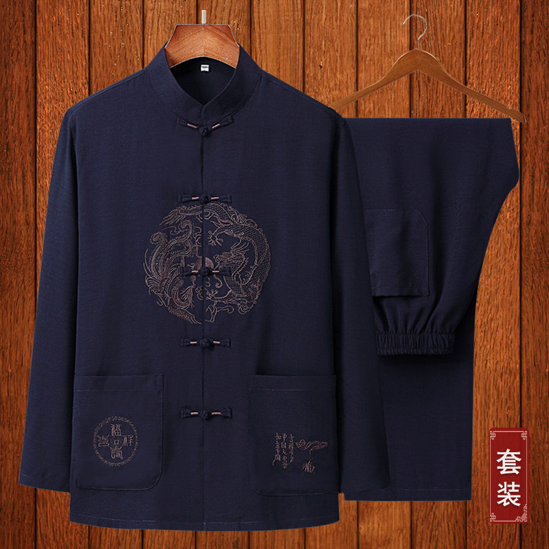 夏季中老年唐装男长袖中国风棉麻装 柒赢唐装