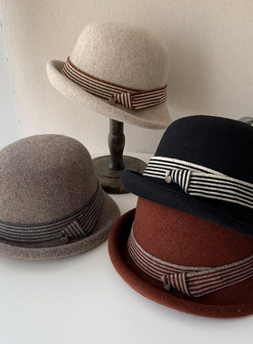 羊毛帽女秋冬卷边毛呢盆帽