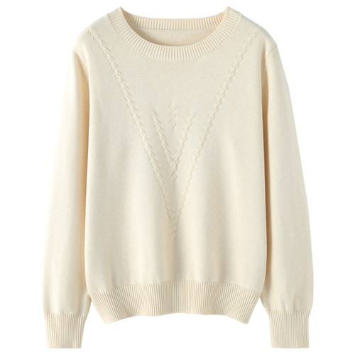 气质优雅100%纯棉圆领毛衣女秋冬内搭大码宽松显瘦针织打底衫女 - 图3