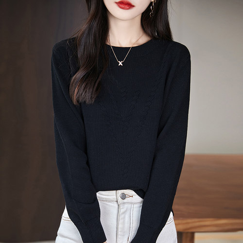 气质优雅100%纯棉圆领毛衣女秋冬内搭大码宽松显瘦针织打底衫女 - 图2