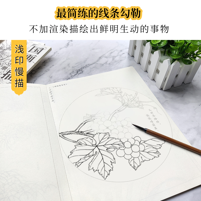 中国画白描练习册6册 工笔画白描底稿临摹画册 国画白描线稿本 动物人物花卉山水树木国画初学者入门套装 - 图2