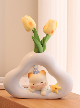 可爱猫咪花瓶插花摆件玄关客厅电视酒柜卧室仿真干花桌面装饰摆设