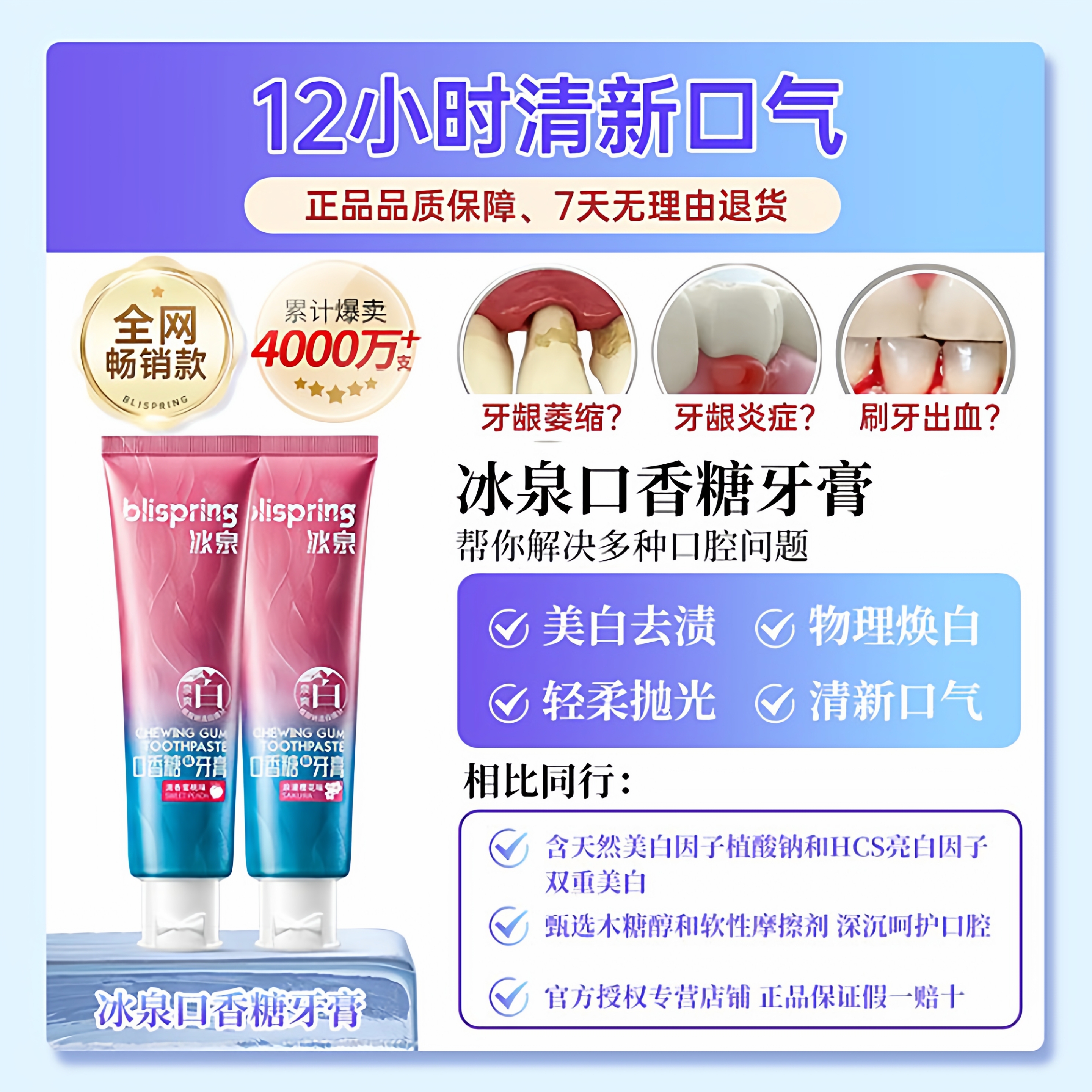 【爆款】冰泉旗舰店口香糖牙膏成年男女清新除口气美白去黄去口臭