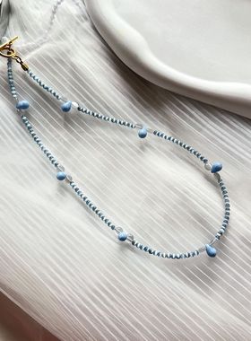 2024新款淡水蓝色猫眼石捷克珠串珠项链个性轻奢叠戴锁骨链