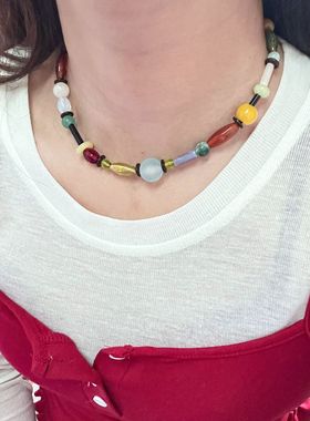 多元素复古天然石头清透的彩色玻璃和多宝石小众项链钛钢不掉色