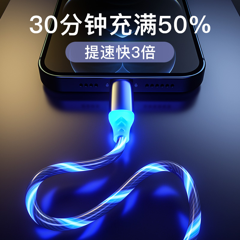 抖音流光数据线网红七彩发光充电线20w快充适用iPhone12ProMax手机苹果11PD快充Typec转Lightning车载闪充8P - 图0