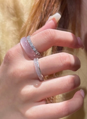 天然粉水晶指环冰种粉色玛瑙戒指玉石玉髓素圈