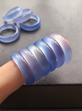 海蓝宝色戒指天然高冰透蓝玛瑙素圈新中式清冷感女生玉指环