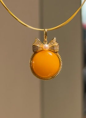 天然蜜蜡吊坠925银镶在逃公主项链鸡油黄蛋面蜜蜡吊坠项链