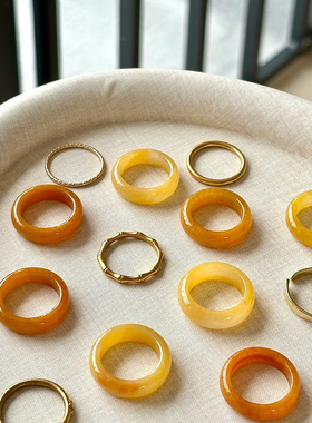 天然翡翠黄翡翠戒指女黄玉石素圈指环环戒指个性旺财戒指