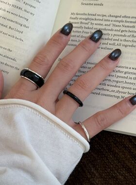 天然黑曜石指环男女时尚高级感黑色戒指戒圈