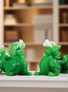 貔貅摆件镇宅招财八方来财公母玄关仿摆件麒麟实木底座玉石入户