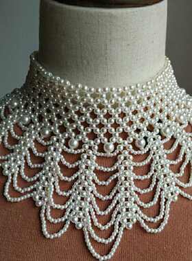 戏曲项链六层镂空手工编织高领波浪夏季百搭珍珠项链演出围脖遮