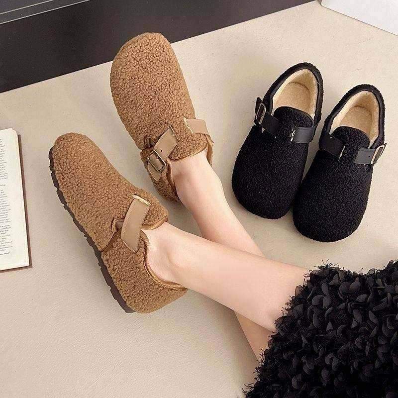 羊羔毛毛鞋女士韩版勃肯鞋2025新款冬季一脚蹬平底豆豆鞋加绒棉鞋,淘宝优惠券,粉丝福利购,淘宝优惠卷