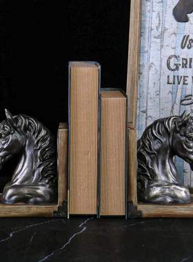 美式复古马头书挡摆件玄关书架装饰工艺品批发书房树脂房间办公室