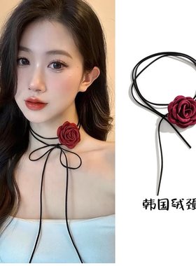 黑色山茶花项链女颈花轻奢高级感choker锁骨链玫瑰脖子系配饰颈带