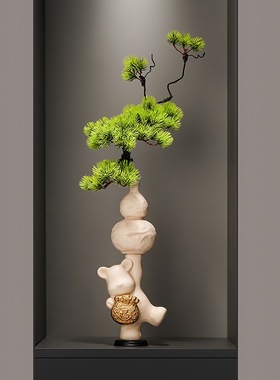 元宝葫芦迎客松熊玄关电视柜落地竖高细长橱柜摆件开业礼物新中式