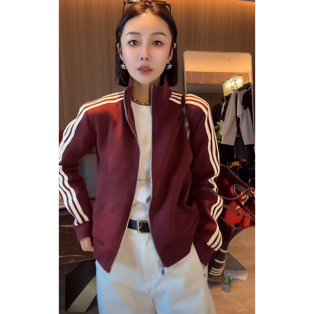 European products early autumn new style Encore red three-bar stand collar short jacket for women versatile slim zipper cardigan jacket