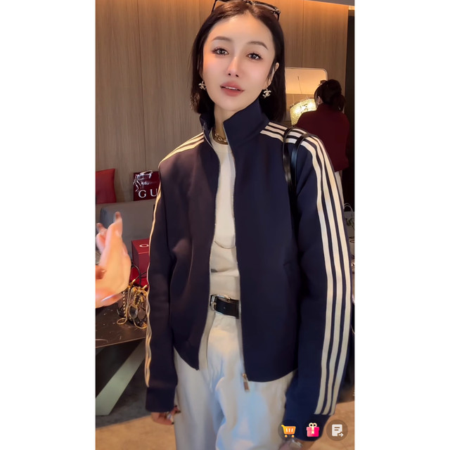 European products early autumn new style Encore red three-bar stand collar short jacket for women versatile slim zipper cardigan jacket