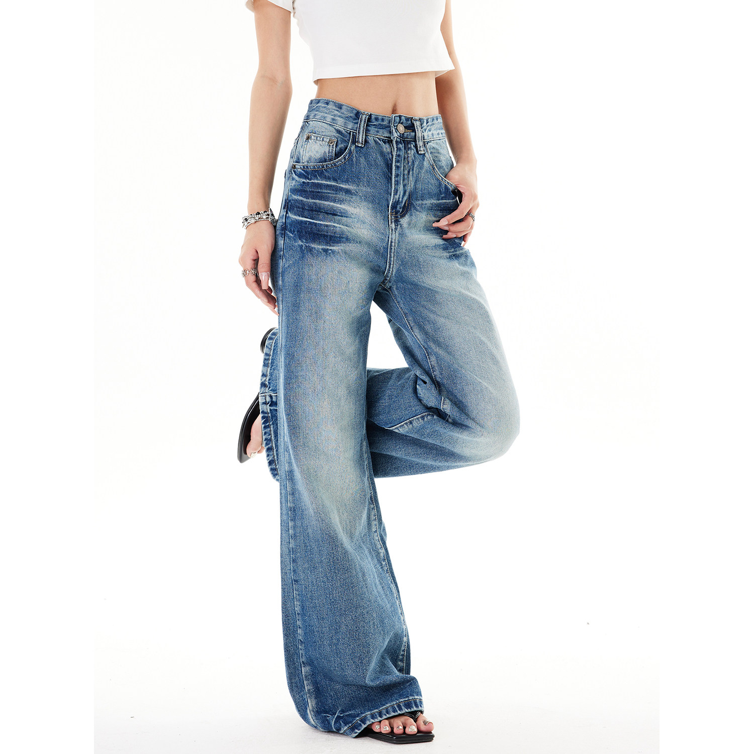 SREK美式复古低腰水洗阔腿高街微喇牛仔裤女秋季宽松休闲长裤子,淘宝优惠券,粉丝福利购,淘宝优惠卷