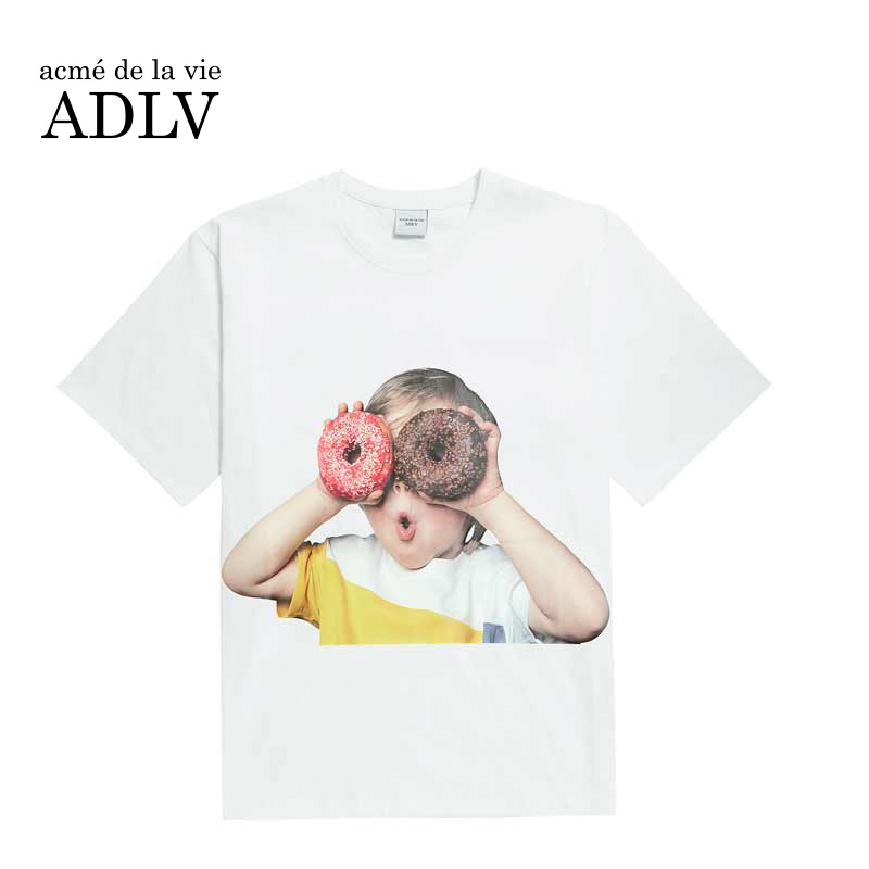 ADLV短袖黑白T恤纯棉韩国潮牌中长款宽松甜甜圈男孩男女同款-图0