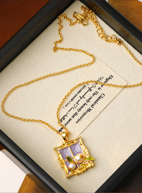 紫色油画吊坠中古巴洛克珍珠项链