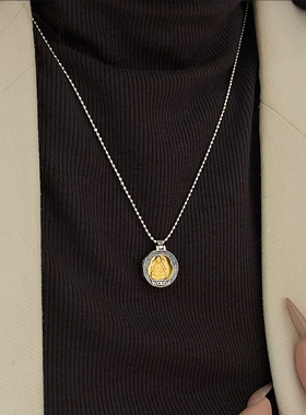 S925纯银黄财神圆牌项链吊坠