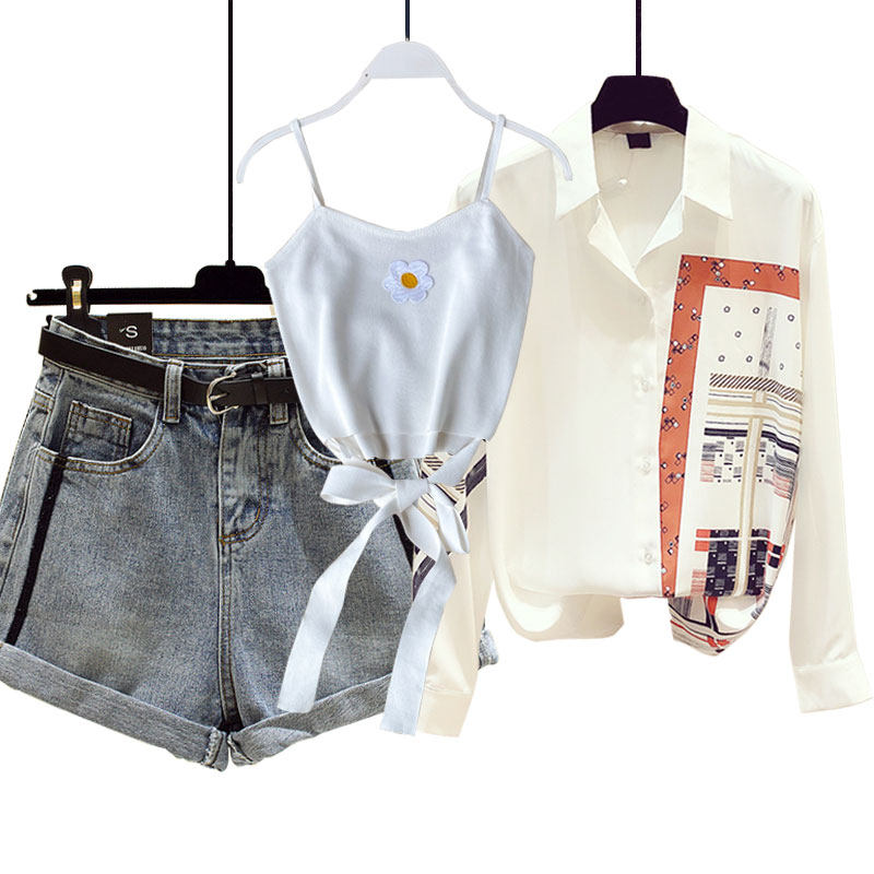 夏季新款小雏菊针织吊带+雪纺高腰 秋革时尚套装