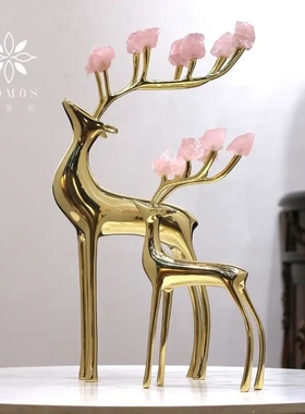 软装发财树鹿玄关摆件黄铜简约