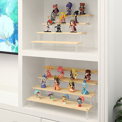 木质手办盲盒收纳展示架亚克力阶梯置物架泡泡马特化妆品陈列台 - 图3