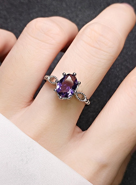 天然水晶戒指女生简约椭圆形彩石钻戒指镀白金鹅蛋形黄蓝红紫钻戒