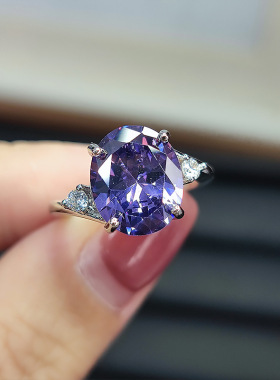 绿宝石女士6克拉祖母绿戒指女新款椭圆紫晶镀白金开口可调指环