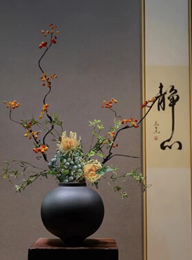 侘寂风禅意黑色陶瓷新中式花瓶