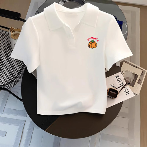 欧货正肩POLO领白色短袖T恤女夏2026新款修身纯棉打底衫短款上衣 - 图3