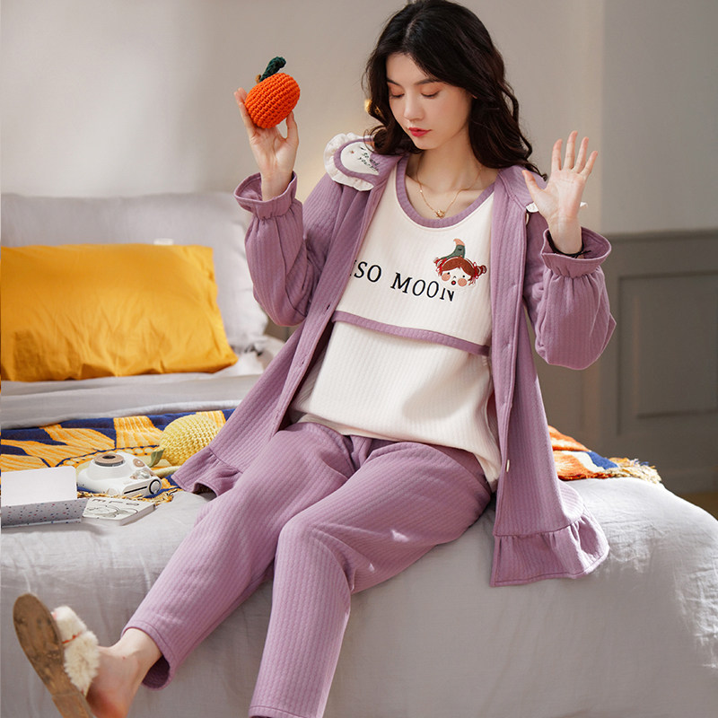 月子服春秋冬季纯棉产后三件套睡衣 珑梦妮家居服套装