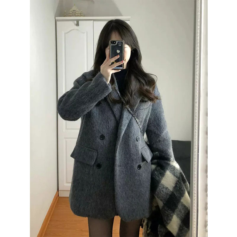 韩系英伦风小香风西装外套女2023新款时髦宽松高冷范灰色毛呢大衣