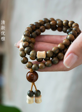 天然绿檀木多圈手串念珠