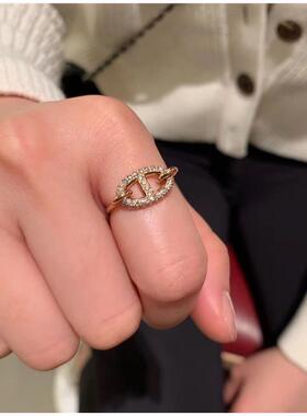 满钻纯银镀18k玫瑰金猪鼻子戒指轻奢高级感小众设计指环叠戴食指