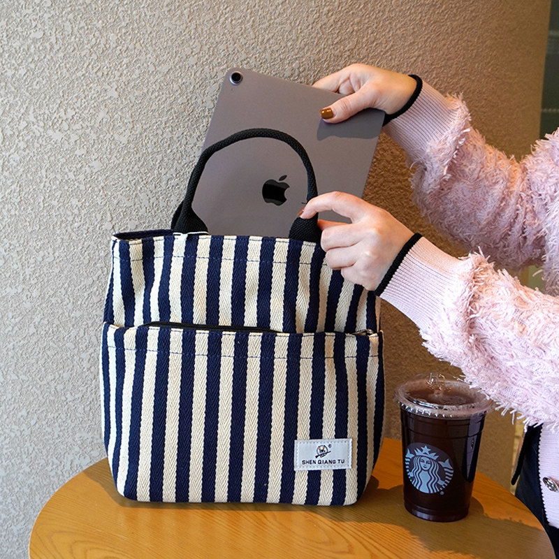 条纹帆布手提女包手拎时尚小包文艺布袋拉链款上班包大容量饭盒袋 - 图0