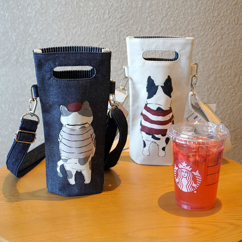出口日本加厚老帆布可爱猫咪可斜挎水杯袋调节肩带保温学生水壶包,淘宝优惠券,粉丝福利购,淘宝优惠卷