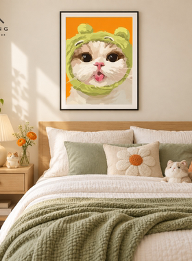 青蛙头套萌猫趣味卡通装饰画