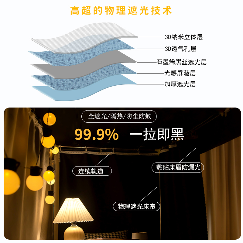 曦遇大学生宿舍寝室遮光床帘下铺免打孔U型轨道滑轨床围遮挡布帘-图1
