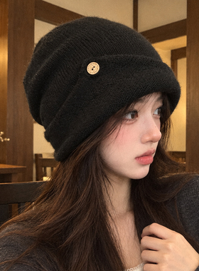 大头围显脸小纽扣包头针织帽女