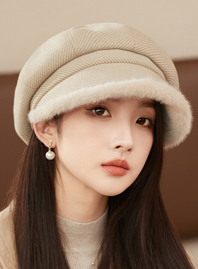 毛绒贝雷帽女2026新款秋冬八角帽