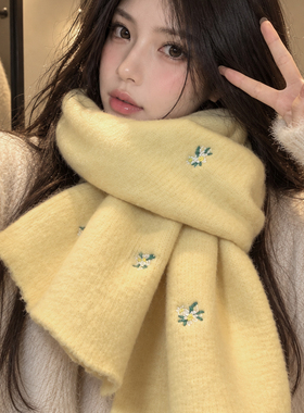 黄色刺绣花朵仿羊绒围巾女冬