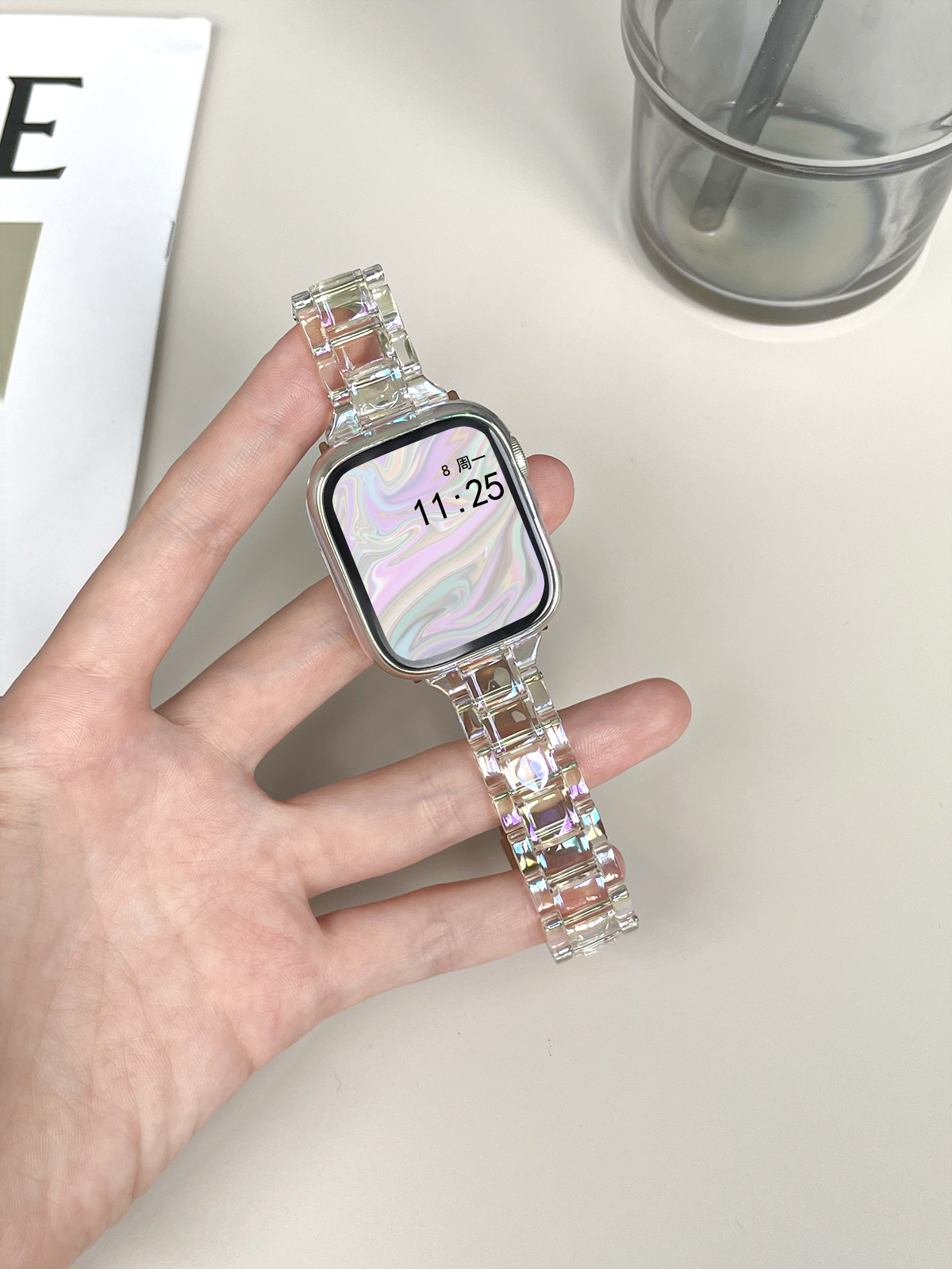 Apple Watch适用S7表带iWatch8苹果手表SE/1/2/3/4/5代小冰块表带镭射冰川透明新款钢化膜保护壳45/41mm夏季 - 图0
